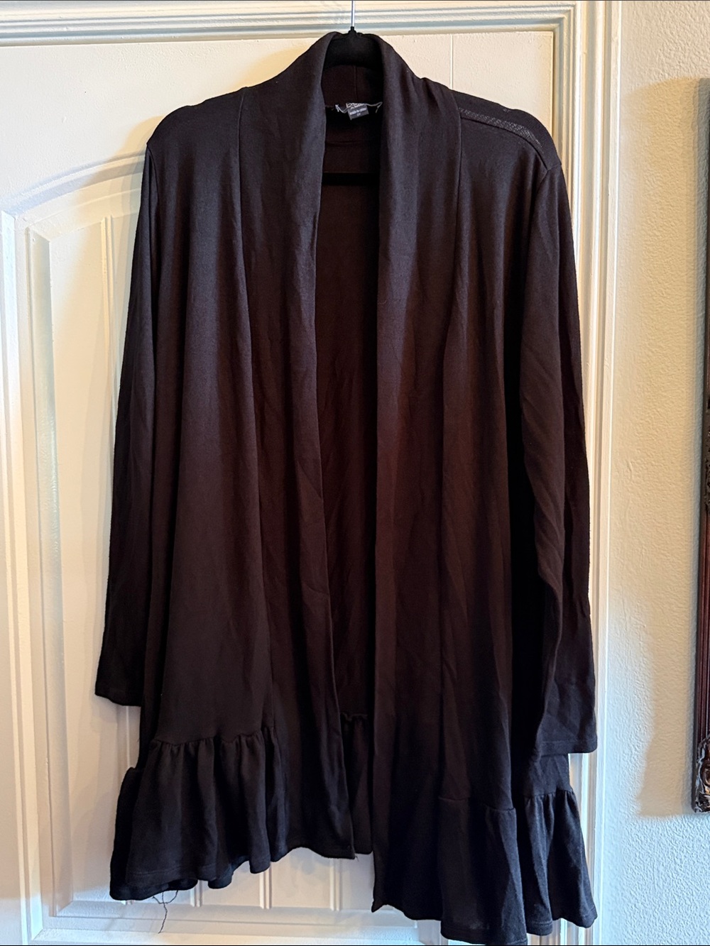 Women's Black Open-Front Ruffle Hem Cardigan Sweater
